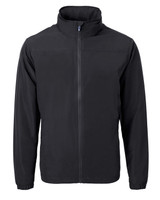 A black full zip jacket featuring a high collar and a sleek design. It includes a logo on the front.