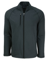 A dark grey full-zip fleece jacket with a high collar and a zippered chest pocket, featuring a logo. A dark grey full-zip fleece jacket with a high collar and a zippered chest pocket, featuring a logo.
