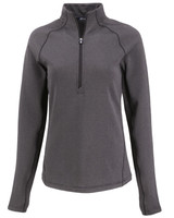A grey half-zip jumper with long sleeves, featuring a zip at the neck and a logo on the chest. A grey half-zip jumper with long sleeves, featuring a zip at the neck and a logo on the chest.