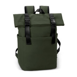 A green soft-touch flap backpack with adjustable straps and two front pockets, featuring a logo. A green soft-touch flap backpack with adjustable straps and two front pockets, featuring a logo.