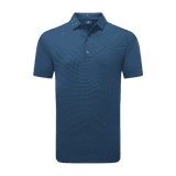 A men's short-sleeve polo shirt in a deep blue colour with a subtle stripe pattern and a branded logo. A men's short-sleeve polo shirt in a deep blue colour with a subtle stripe pattern and a branded logo.