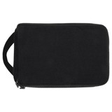 A black toiletry organiser with a zip closure and a carrying handle. It features a branding logo. A black toiletry organiser with a zip closure and a carrying handle. It features a branding logo.