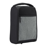 A black and grey travel shoe bag with a handle and zippered compartments, featuring a mesh pocket.