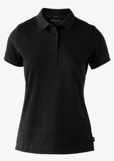 A black women's polo shirt with short sleeves and a button placket, featuring a logo on the side.