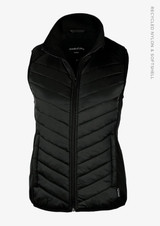A black women's vest featuring a quilted design, high collar, and a zip front. It includes a logo on the fabric.