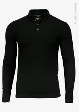 A black long-sleeved polo shirt featuring a collar, buttons, and a logo. Made of organic cotton.