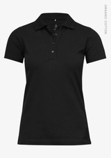 A black women's polo shirt with a collar, short sleeves, and a brand logo. Made from organic cotton.