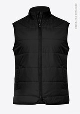 A black insulated vest featuring a zip closure and side pockets, made from recycled polyester.