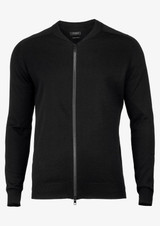 A black cardigan with a zip front and long sleeves, featuring a logo. A black cardigan with a zip front and long sleeves, featuring a logo.