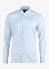 A light blue slim fit button-up shirt with long sleeves and a collar, featuring a logo on the chest.