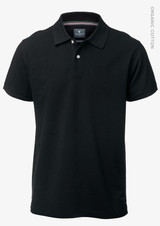 A black polo shirt made from organic cotton, featuring a collar and an emblem on the chest.