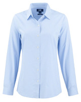 A blue and white gingham check shirt with long sleeves and a button-up front, featuring a logo on the label. A blue and white gingham check shirt with long sleeves and a button-up front, featuring a logo on the label.