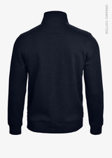 A dark navy unisex sweatshirt with a high neckline and a logo on the back. Made from organic cotton.