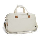 A cream-coloured duffle bag with a detachable shoulder strap and leather accents, featuring top handles and zip closure. A cream-coloured duffle bag with a detachable shoulder strap and leather accents, featuring top handles and zip closure.
