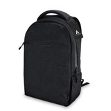 A black backpack with a sleek design, featuring a logo and a hang tag. A black backpack with a sleek design, featuring a logo and a hang tag.