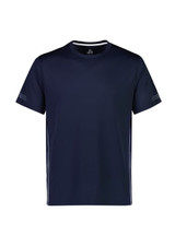 A navy blue short sleeve tee for kids with small design details on the sleeves and a logo on the front. A navy blue short sleeve tee for kids with small design details on the sleeves and a logo on the front.