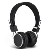 Stylish black Bluetooth headphones with soft ear cushions and a sleek adjustable headband. Features branding.