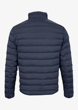 A navy blue women’s down jacket with a quilted design, featuring a high collar and no visible branding.