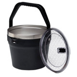 A black bucket with a stainless steel inner lining and a clear, patterned lid, featuring a handle.