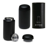 A drink bottle and a stylish cylindrical container in matte black, featuring a removable cap and strainer.