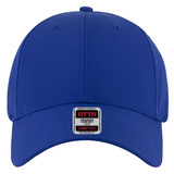 A blue 6 panel low profile baseball cap with a branded label at the front.
