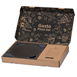 A pizza baking set in a cardboard box featuring a black pizza stone and branded packaging with food illustrations.