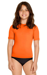 An orange youth short sleeve rashie with black shorts, featuring a logo on the chest. An orange youth short sleeve rashie with black shorts, featuring a logo on the chest.