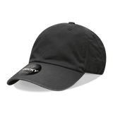 A black 6 panel low profile relaxed dad hat with a logo on the side. A black 6 panel low profile relaxed dad hat with a logo on the side.