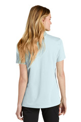 A light blue polo shirt with a back view, featuring a collar and short sleeves, has a logo on it.