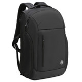 A black backpack with multiple zippers and a logo, featuring adjustable straps and a sleek design.