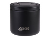 A drink bottle in matte black with a spork attached, featuring a logo on the front.