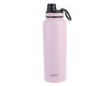 A drink bottle in pastel pink with a black screw cap and a logo near the base.