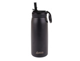 A drink bottle in matte black with a spout and a carrying handle, featuring a logo on the side.