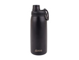 A drink bottle in matte black with a screw cap and a carry loop, featuring a logo.