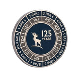 A hard enamel ball marker featuring a deer design, coloured in navy blue and silver, with various markings around the edge.