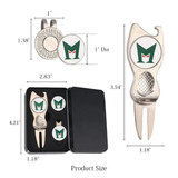 A silver golf divot tool gift set featuring a tool, three markers, and a black gift box.