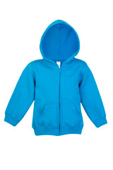 A blue fleece baby zip hoodie with a hood and front pockets, featuring a logo.