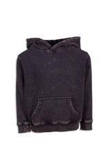 A grey stone wash fleece hoodie featuring a front pocket and a hood. It has a casual, relaxed fit.