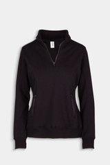 A women's half zip fleece jumper in black, featuring side zip pockets and a collar. It has a branding label.