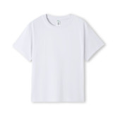A white kid's regular T-shirt with short sleeves and a label inside. The shirt features a logo.