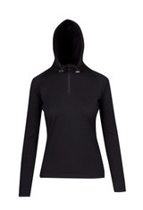 A women's black half-hood top with long sleeves and a zippered collar. Features a hood and has branding. A women's black half-hood top with long sleeves and a zippered collar. Features a hood and has branding.