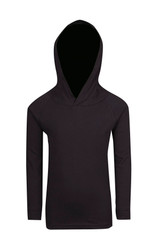 A black hoodie with a large hood and long sleeves, featuring a logo on the front.