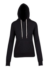 A black hoodie with a front pocket and drawstring hood, featuring a logo on the front. A black hoodie with a front pocket and drawstring hood, featuring a logo on the front.
