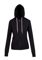 A black zip hoodie featuring a hood, long sleeves, and a front pocket. It has contrasting drawstrings and a brand logo. A black zip hoodie featuring a hood, long sleeves, and a front pocket. It has contrasting drawstrings and a brand logo.