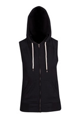 A sleeveless black zip hoodie with a hood, featuring front pockets and drawstring details.
