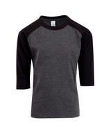 A grey and black kids' 3/4 raglan sleeve T-shirt with a branding logo. A grey and black kids' 3/4 raglan sleeve T-shirt with a branding logo.