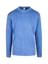 A blue stone wash long sleeve T-shirt featuring a round neckline and cuffs, with a logo on the label. A blue stone wash long sleeve T-shirt featuring a round neckline and cuffs, with a logo on the label.