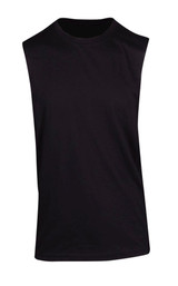 A black sleeveless tee from the Greatness Range, featuring a simple design and a logo.