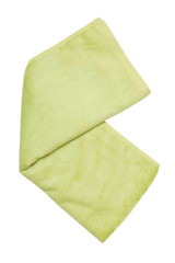 A folded bamboo fitness towel in a light green shade, featuring a logo.
