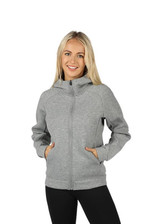 A grey women's junior hoodie with a front zip, hood, and side pockets, featuring a logo. A grey women's junior hoodie with a front zip, hood, and side pockets, featuring a logo.